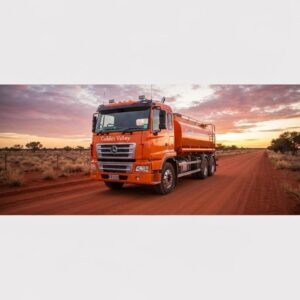 Golden Valley water delivery truck on a dusty road, showcasing reliable potable water services for the community