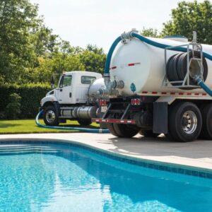 Bulk water delivery truck next to a sparkling swimming pool, showcasing reliable water hauling services