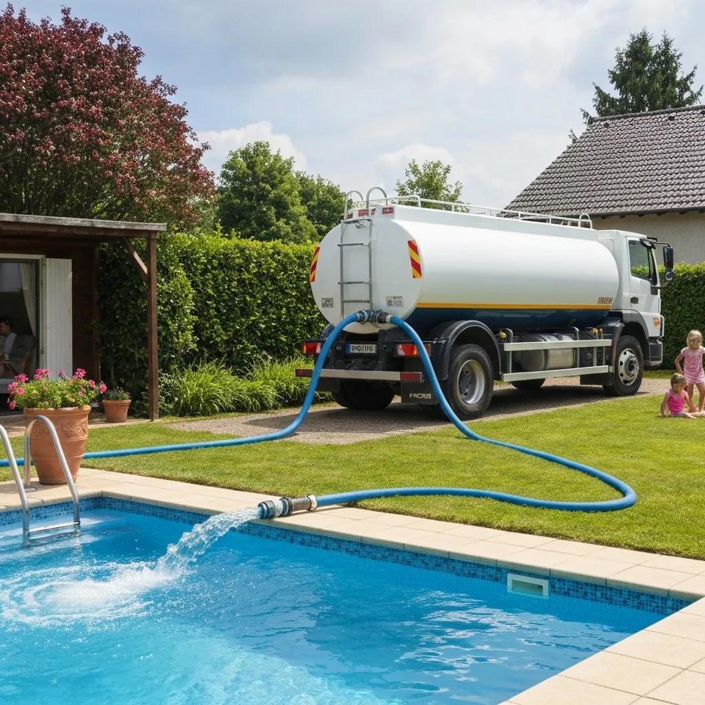 Water delivery truck filling a swimming pool at a residential property
