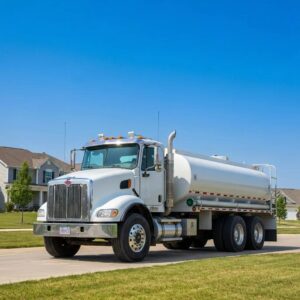 Water hauling truck delivering water in a suburban neighborhood