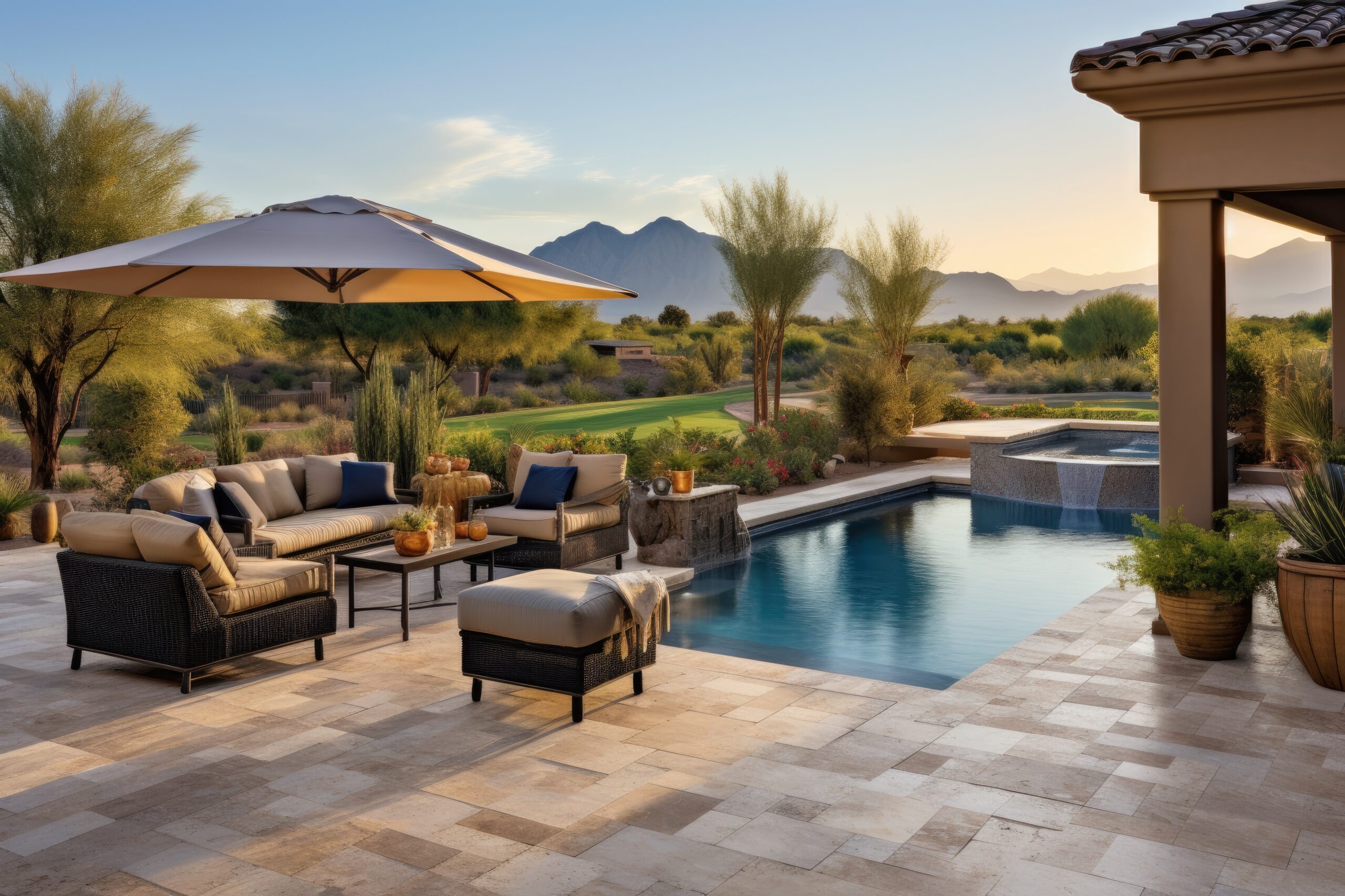 A backyard in Arizona with a pool deck made of travertine tiles, complementing the desert scenery.
